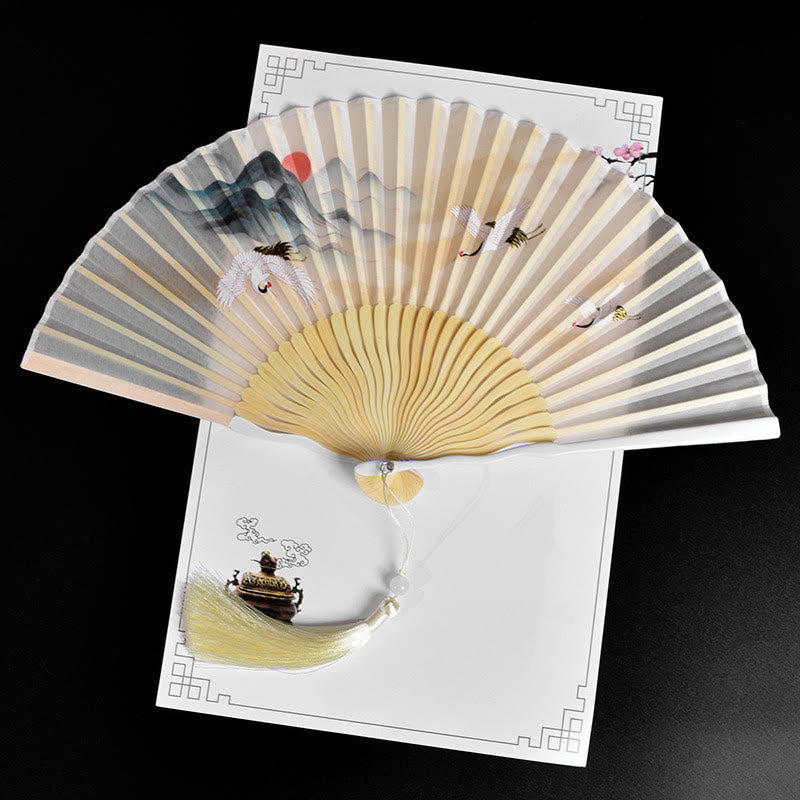 Mythstone Vintage Cloud Crane Pattern Handheld Bamboo Folding Fan