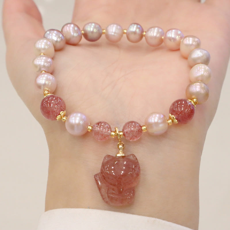 Mythstone Natural Pearl Strawberry Quartz Cute Fox Love Healing Charm Bracelet