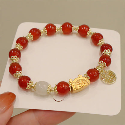 Mythstone Year Of The Dragon Red Agate Strawberry Quartz Black obsidian Jade Garnet Pearl Cinnabar Dumpling Dragon Luck Fu Character Bracelet