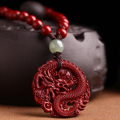 Mythstone Year Of The Dragon Natural Cinnabar Hetian Jade Bead Copper Coin Attract Wealth Strength Necklace Pendant