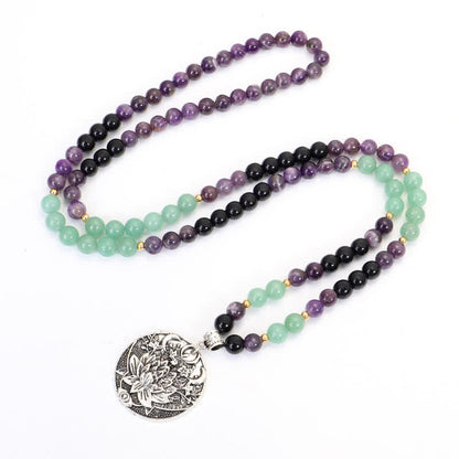 Mythstone 108 Mala Beads Amethyst Green Aventurine Lotus Meditation Bracelet