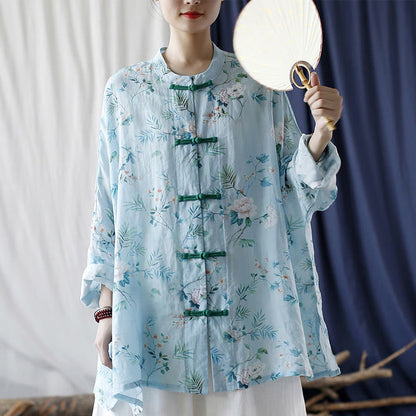 Mythstone Light Green Pink Flowers Green Leaves Frog-Button Long Sleeve Ramie Linen Jacket Shirt