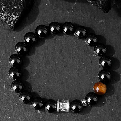 Pulsera de plata de ley 999 con obsidiana negra y ojo de tigre con Om Mani Padme Hum 