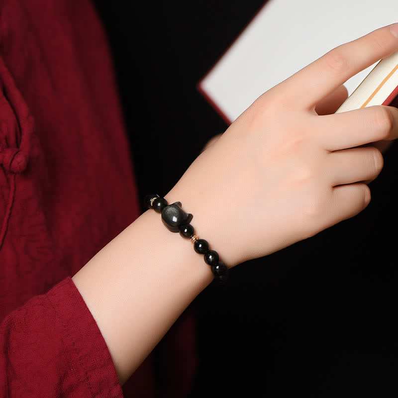 Mythstone Gold Sheen Obsidian Silver Sheen Obsidian Lovely Paw Lucky Cat Protection Bracelet