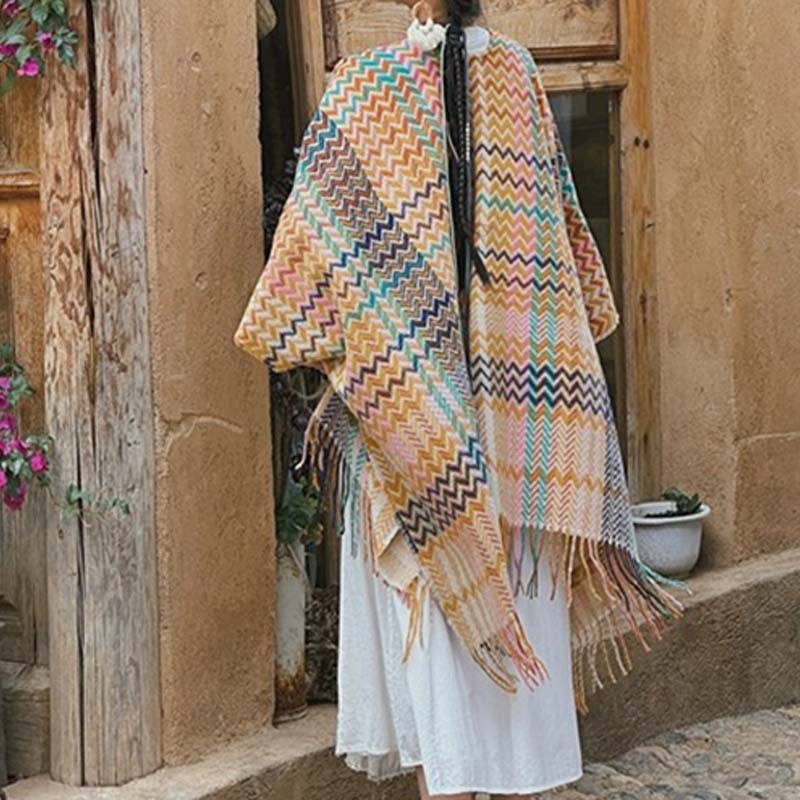 Mythstone Tibetan Shawl Colorful Wavy Striped Shapes Tassels Winter Cozy Travel Scarf Wrap