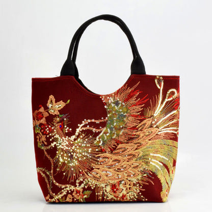 Mythstone Peacock Double-sided Embroidery Tote Bag Shoulder Bag Crossbody Bag