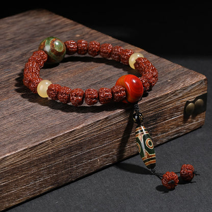 Mythstone Tibet Rudraksha Bodhi Seed Dzi Bead Lucky Cat Dancing Lion Wealth Bracelet Wrist Mala