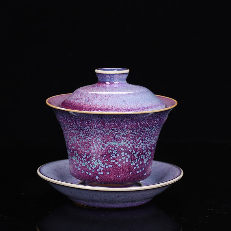 Mythstone Retro Glaze Kiln Change Ceramic Gaiwan Sancai Teacup Kung Fu Tea Cup And Saucer With Lid