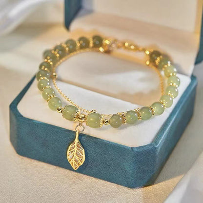 Mythstone Jade Leaf Ginkgo Tulip Peanut Fu Character Luck Beaded Bracelet