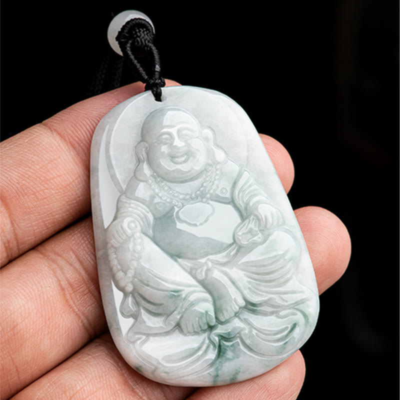 Mythstone Natural Jade Laughing Buddha Maitreya Buddha Luck String Necklace Pendant