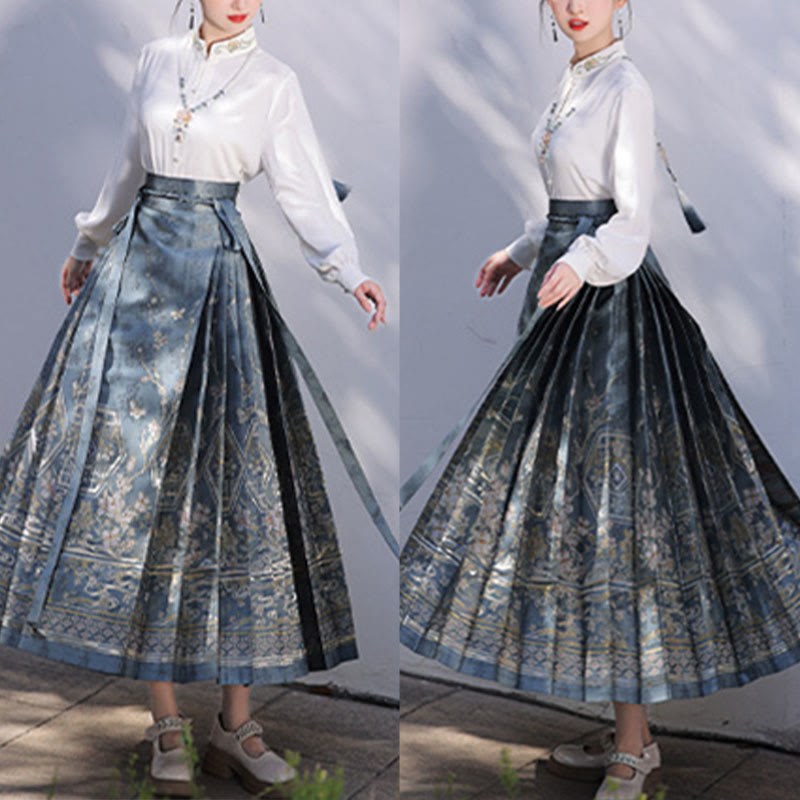 Mythstone Chinese Hanfu Blue Patio Plum Blossoms Printed Horse Face Skirt Mamianqun