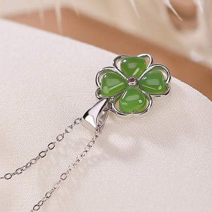 Mythstone 925 Sterling Silver Hetian Cyan Jade Lucky Four Leaf Clover Healing Necklace Pendant