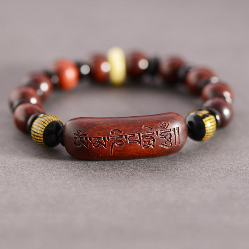 Mythstone Small Leaf Red Sandalwood Om Mani Padme Hum Engraved Protection Bracelet