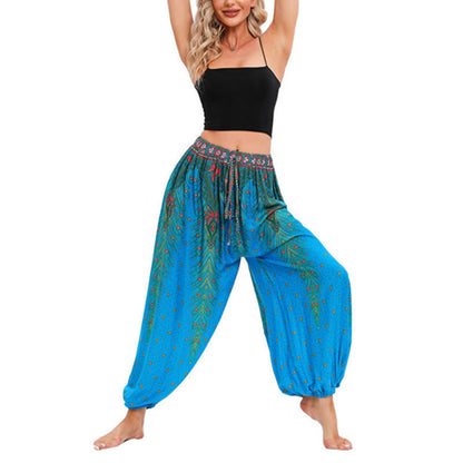 Mythstone Peacock Feather Pattern Loose Harem Trousers Women's Yoga Pants