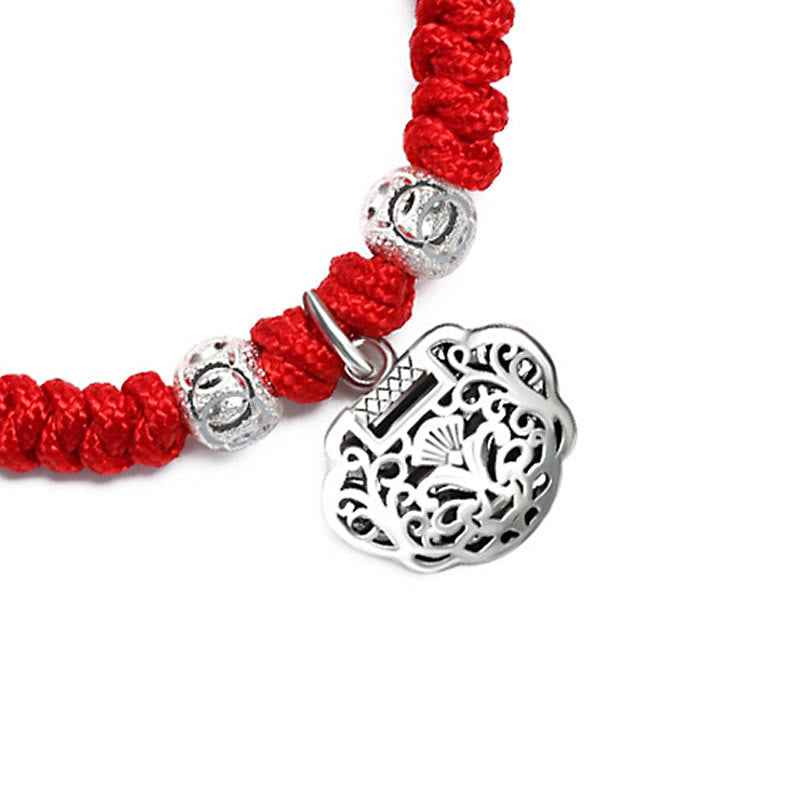 Pulsera trenzada hecha a mano para niños con dije de candado chino en plata de ley 925 de Mythstone con hilo rojo multicolor