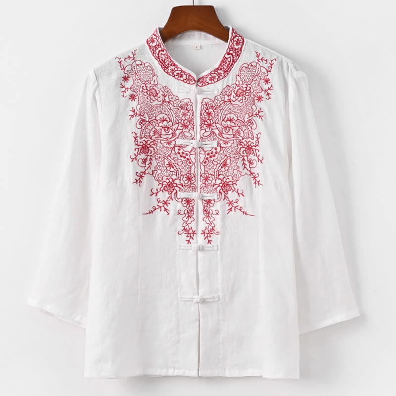 Camisa de lino con diseño de botones de rana y bordado de flores de Mythstone 