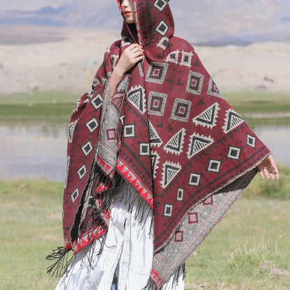 Chal tibetano Mythstone con capucha y estampado de triángulos, bufanda de viaje acogedora para el invierno