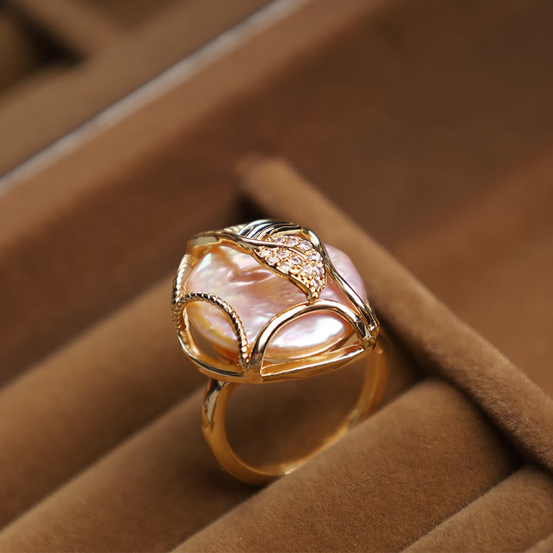 Mythstone Pearl Copper Plated Gold Flower Happiness Wealth Ring