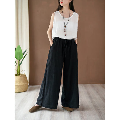 Mythstone Loose Cotton Linen Drawstring Wide Leg Pants With Pockets