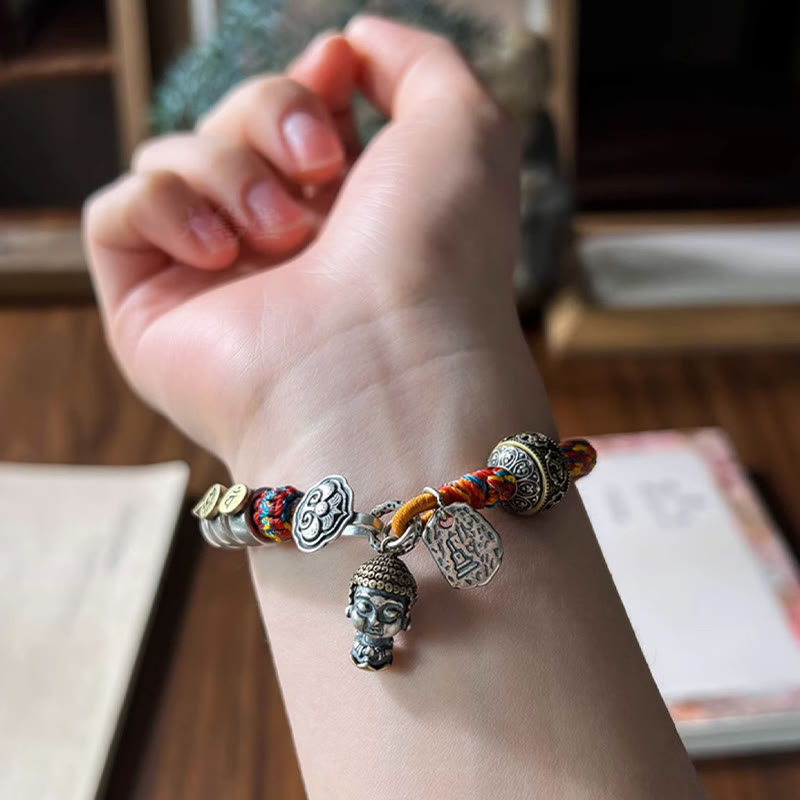 Mythstone Handmade Tibetan 925 Sterling Silver Chinese Zodiac Natal Buddha Zakiram Goddess of Wealth Protection Multicolored Rope Braided Bracelet