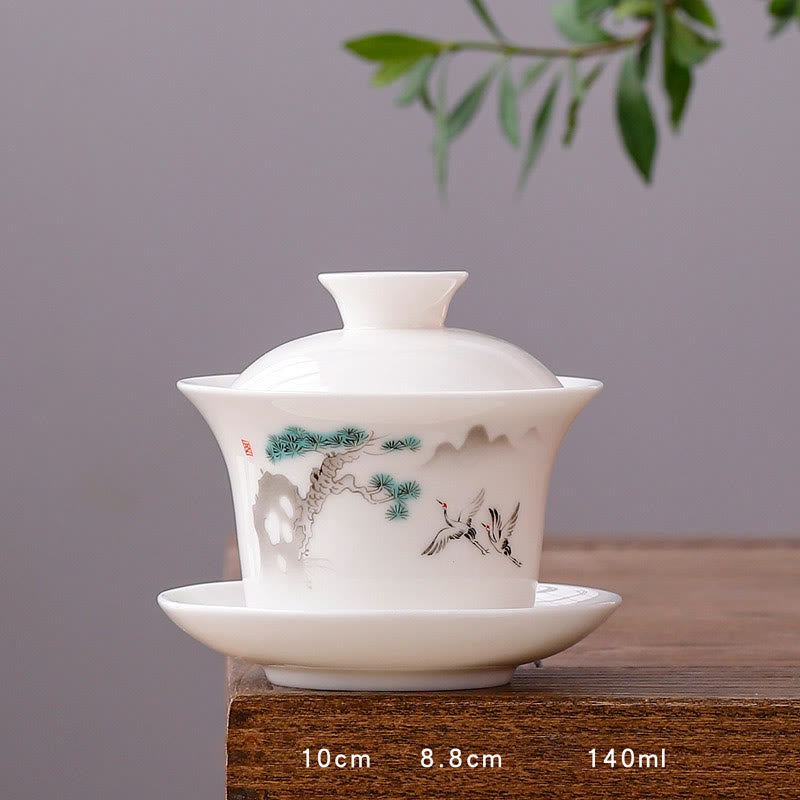 Mythstone White Porcelain Mountain Landscape Countryside Ceramic Gaiwan Teacup Kung Fu Tea Cup And Saucer With Lid