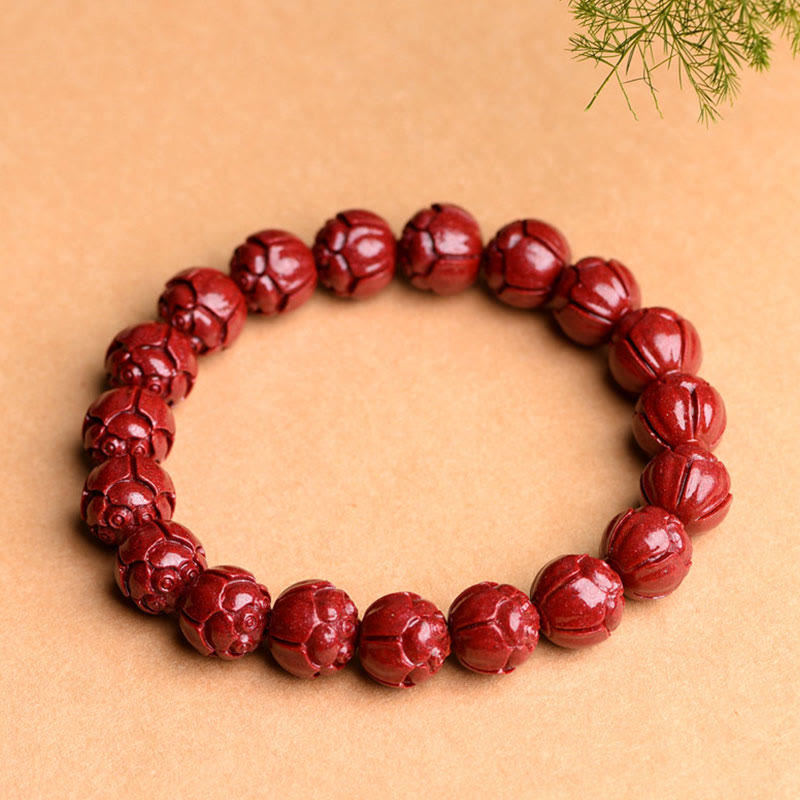 Mythstone Natural Cinnabar Om Mani Padme Hum Fret Pattern Lotus Blessing Bracelet