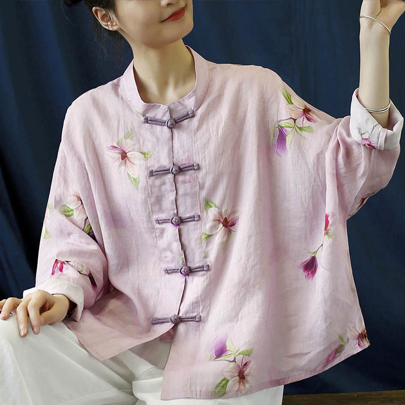 Mythstone Pink Flower Print Frog-button Design Batwing Long Sleeve Ramie Linen Jacket Shirt