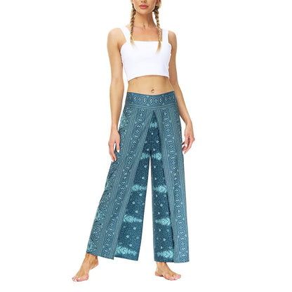 Mythstone Boho Geometric Feather Split Thigh Wide Leg Pants Sports Fitness Dance Women's Yoga Pants