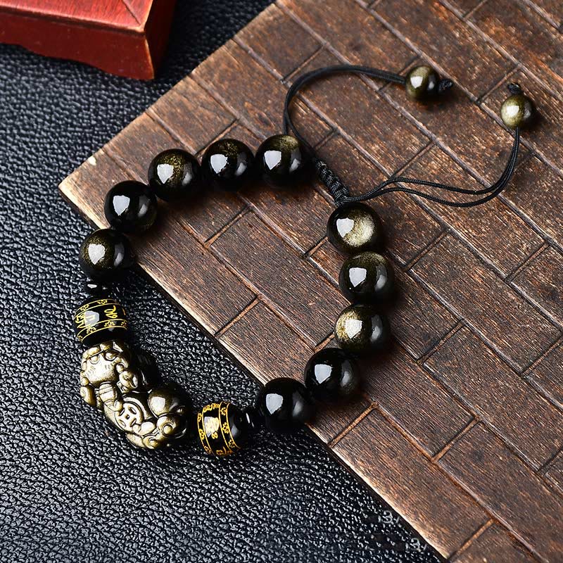 Mythstone Natural Gold Sheen Obsidian PiXiu Om Mani Padme Hum Wealth Braided Bracelet