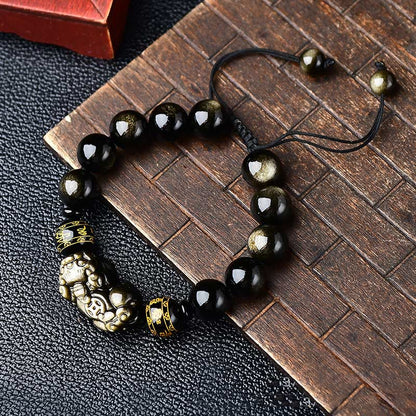 Mythstone Natural Gold Sheen Obsidian PiXiu Om Mani Padme Hum Wealth Braided Bracelet