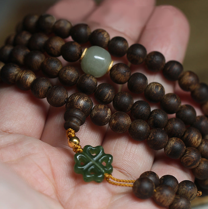 108 Mala Beads Nha Trang Bai Qinan Agarwood Jade 999 Gold Peace Bracelet