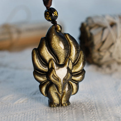 Mythstone Natural Rainbow Obsidian Gold Sheen Obsidian Nine Tailed Fox Positive Necklace Pendant