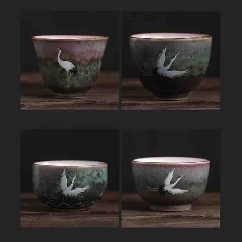 Mythstone Auspicious Crane Ceramic Teacup Kung Fu Tea Cup Bowl