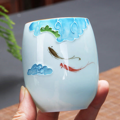 Mythstone Koi Fish Lotus Landscape Dandelion Peony Flower Ceramic Teacup Kung Fu Tea Cup