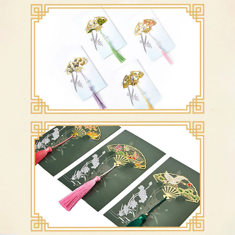 Mythstone Traditional Butterfly Lotus Flower Crane Dragon Phoenix Fox Koi Fish New Beginning Metal Brass Hollow Fan Bookmarks