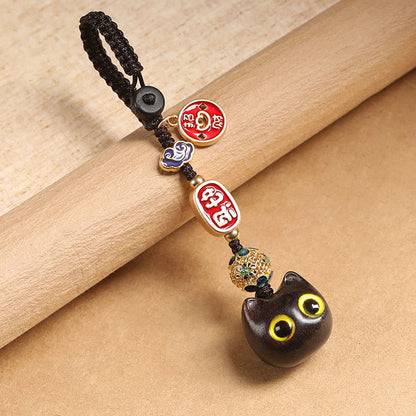 Mythstone Ebony Wood Lucky Cat Auspicious Cloud Peace Key Chain Phone Hanging Decoration