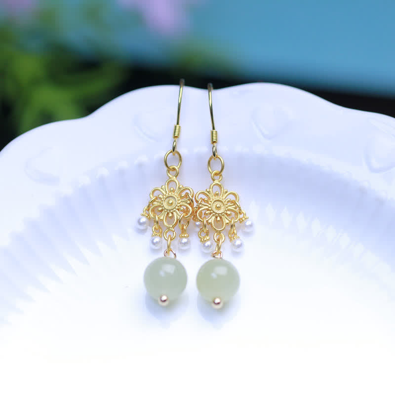 Mythstone Hetian Jade Flower Pattern 14K Gold Plated Luck Drop Dangle Earrings