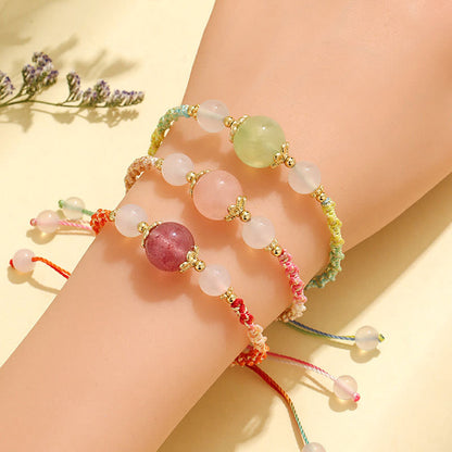 Mythstone Strawberry Quartz Pink Crystal Prehnite White Agate Bead Healing Rope Bracelet