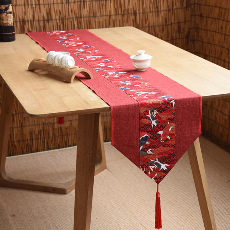 Mythstone Classic Chinese Style Lotus Koi Fish Flower Crane Calligraphy Enlightenment Cotton Linen Tassels Table Runner