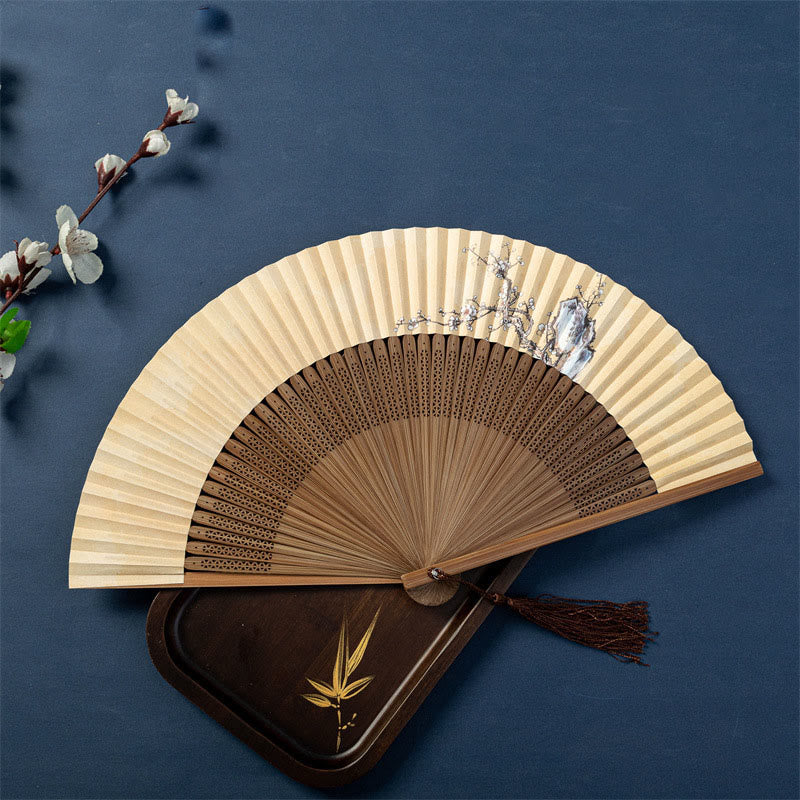 Mythstone Lotus Dragonfly Wild Geese Plum Blossom Handheld Silk Bamboo Folding Fan 22.5cm