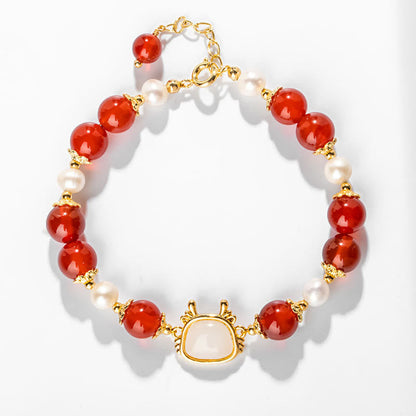 Mythstone 14K Gold Plated Year Of The Dragon Natural Red Agate Pearl Protection Fu Character Chain Bracelet