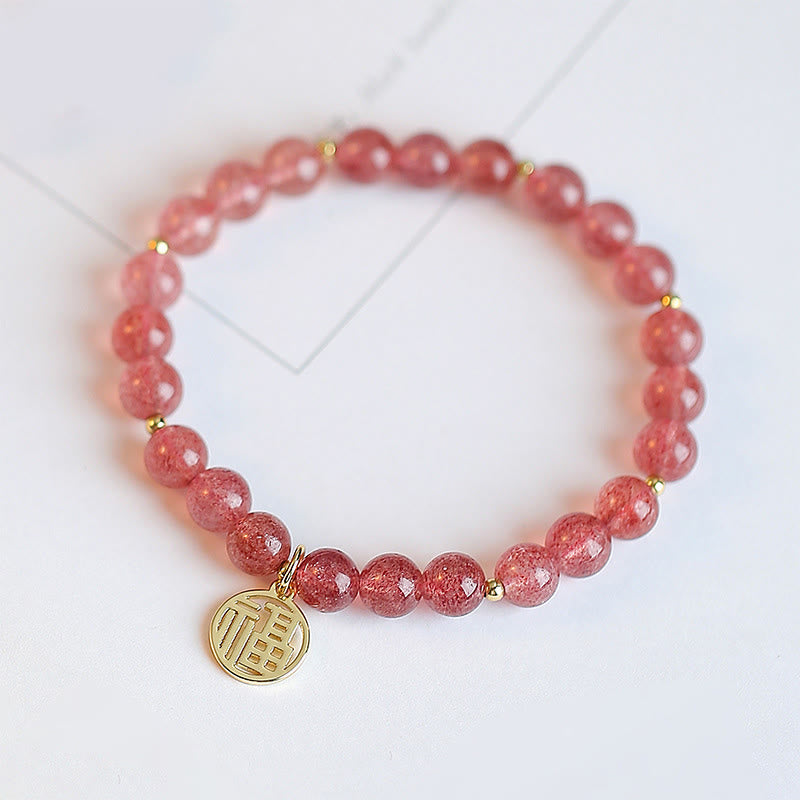 Mythstone 14K Gold Plated Strawberry Quartz Fu Character Healing Charm Bracelet