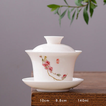 Mythstone White Porcelain Mountain Landscape Countryside Ceramic Gaiwan Teacup Kung Fu Tea Cup And Saucer With Lid