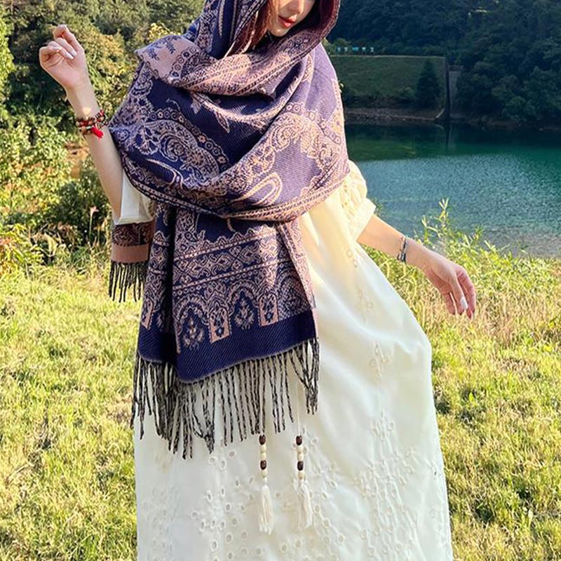 Mythstone Vintage Tibetan Leaves Pattern Design Shawl Cozy Travel Scarf Wrap