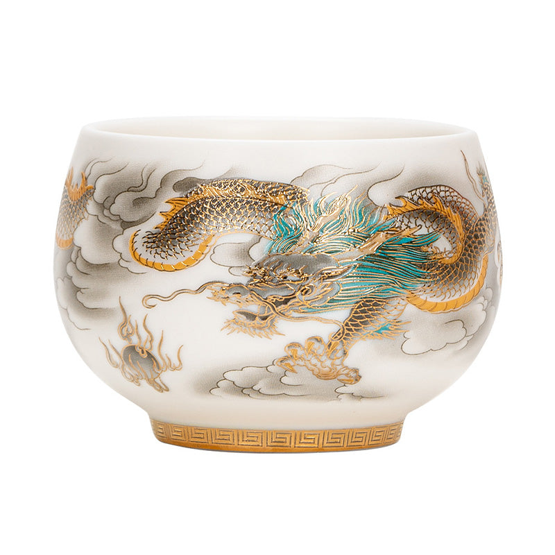 Mythstone Dragon Phoenix Auspicious Clouds Ceramic Teacup Kung Fu Tea Cup With Gift Box