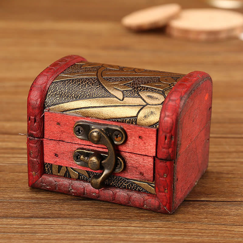 Mythstone Retro Small Wood Jewelry Box Lotus Golden Grape Copper Coin Daffodil Grass Flower Jewelry Storage Box