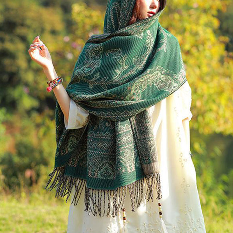 Mythstone Vintage Tibetan Leaves Pattern Design Shawl Cozy Travel Scarf Wrap