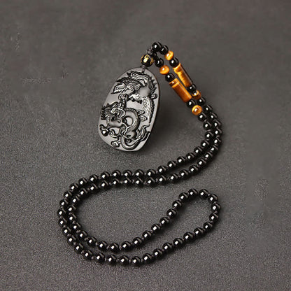 Mythstone Black Obsidian Tiger Eye Dragon Phoenix Protection Beaded Necklace Pendant