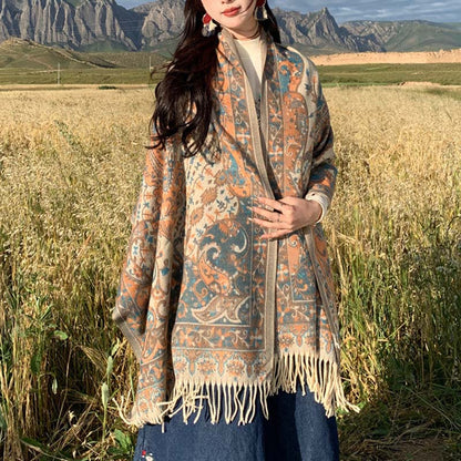 Mythstone Tibetan Flower Branch Tassel Shawl Cozy Travel Scarf Wrap