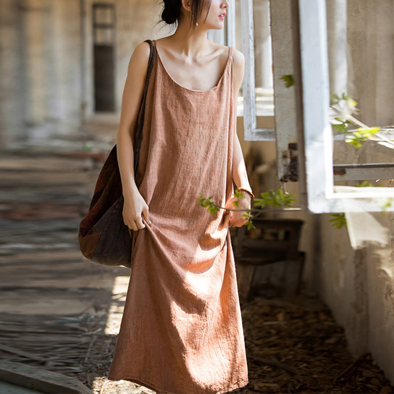 Vestido camisero de lino teñido anudado hecho a mano con tirantes finos de verano de Mythstone 